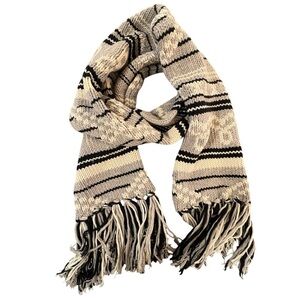 TNA Sea to Sky Scarf Chunky Knit Lambswool Gray Black Ivory Fringe RARE